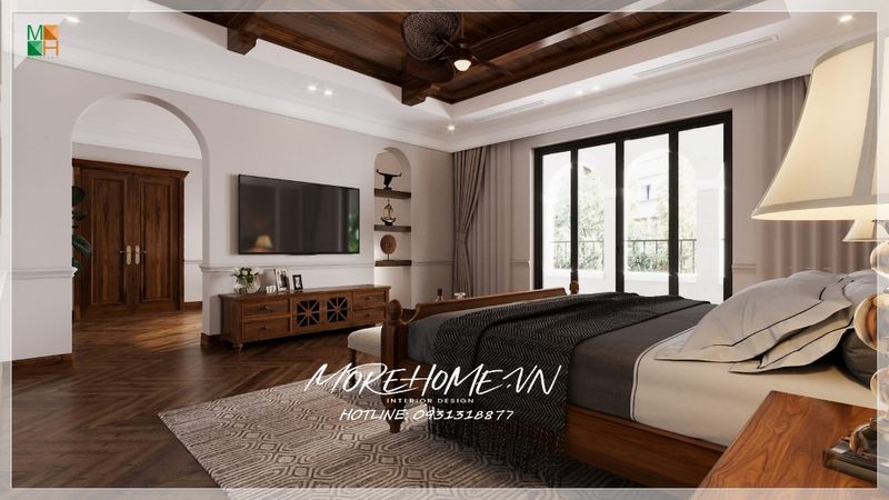 Thiết kế phòng ngủ master có diện tích lớn cho biệt thự, với nội thất bằng gỗ óc chó phong cách tân cổ điển sang trọng cao cấp